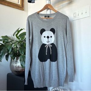 Women’s Knit Long Crew Panda Motif Sweater Sz M/L Rhinestoned Gray Black